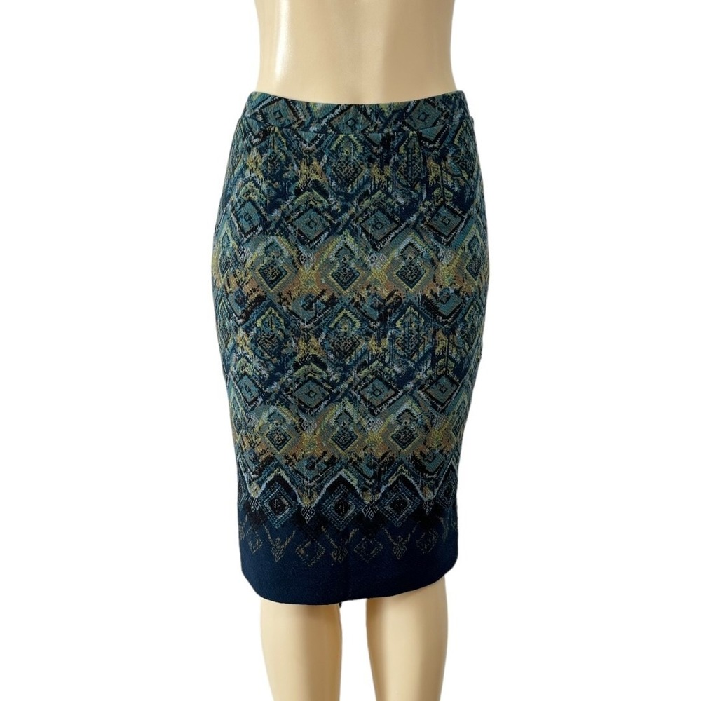 Chelsea & Theodore Blue Print Pencil Skirt Boho Knee Length Elastic Waist‎